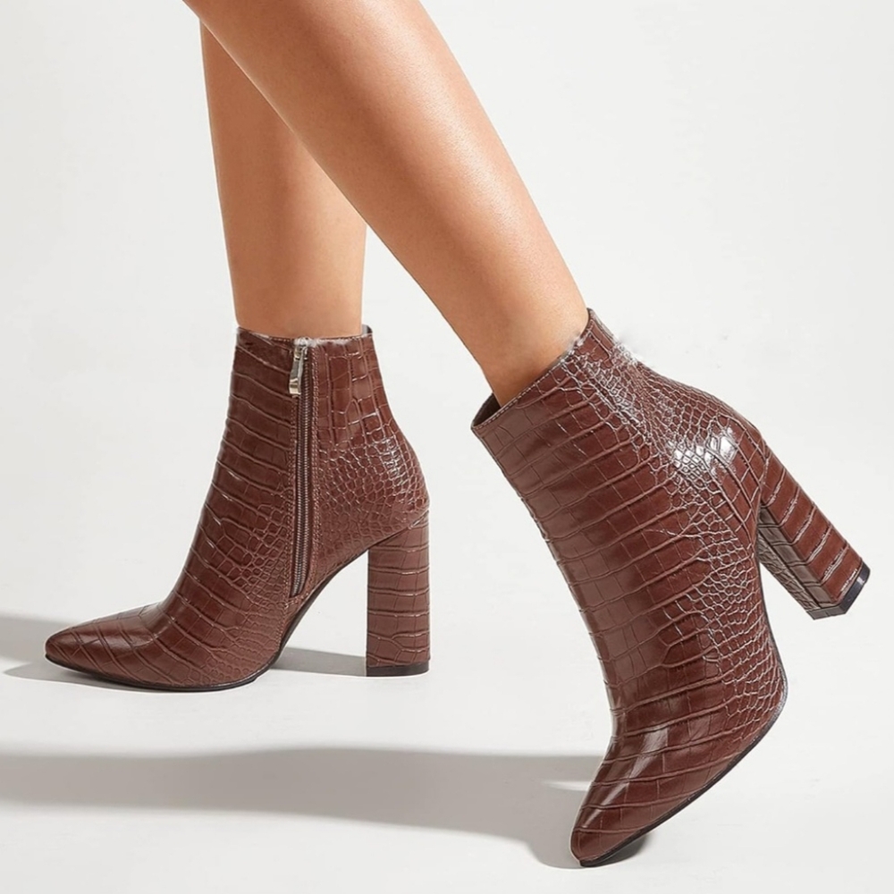 Yolkomo brown Chunky High Heel Ankle Boots Pointed Toe SIZE EUR 38/7.5